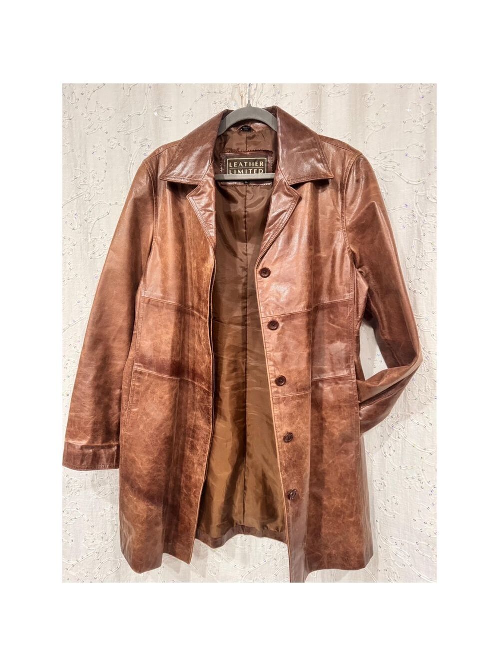 Vintage 90s Brown Leather Longline Coat – Rich Patina – XL (Fits L/XL)